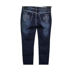 Zanadi  Jeans Blue Denim‎ Embellished Fleur de Lis Pockets Size 9 hippy